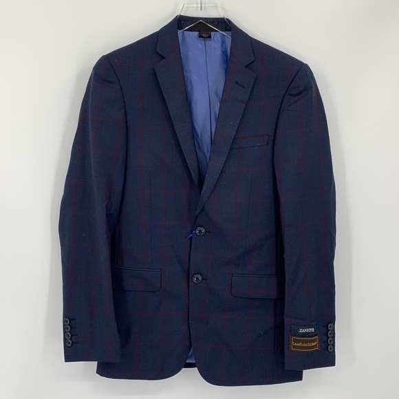 Zanetti Porto Suit jacket blazer navy blue wool two button windowpane new 36R - Picture 1 of 5
